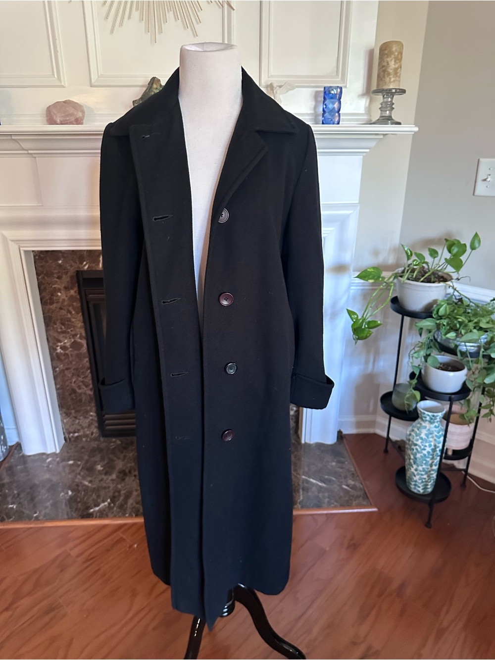 Black Women's Long Trench Coat - Classic Vintage Tailored Overcoat Wool 8/10